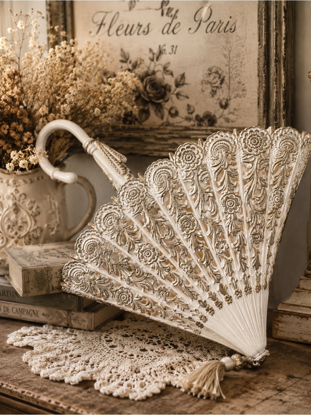 Elegant Decorative Hand Fan - Vintage-Inspired Cream Accent
